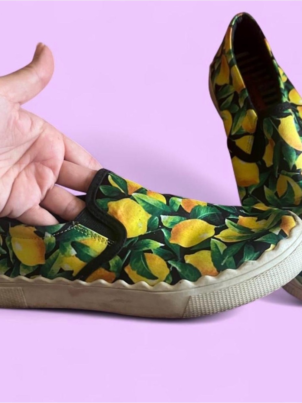 Betsey Johnson Lemon Print Slip-On Sneakers in Yellow and Green - Picture 2 of 4